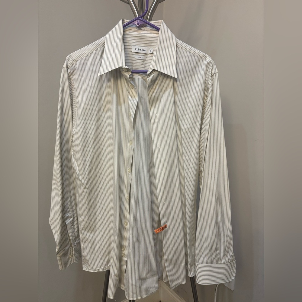 Calvin Klein Men's Pinstripe Dress Shirt - White and Gray